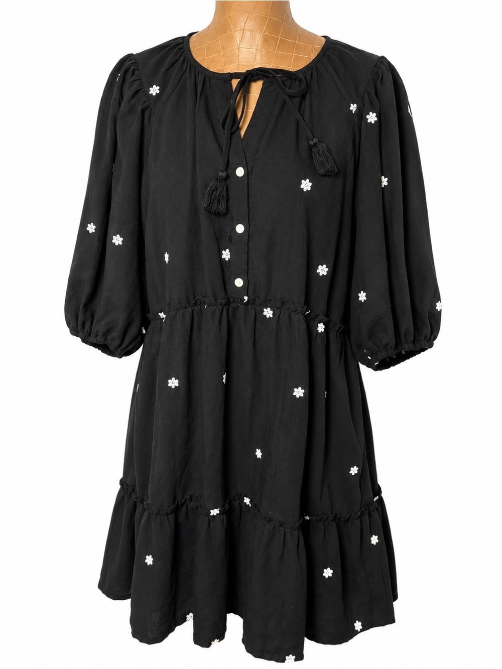 My Danielle Black Embroidered Tiered Boho Mini Dress Tassel Tie Size Large